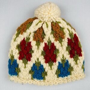 Vintage 60s Zwicker Hand Knit Floral Pom Pom Beanie Ski Hat Winter Cap